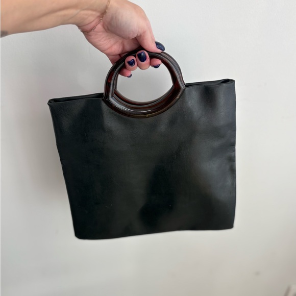 Vintage Leather Top Handle Flat 12x12 Black Minimalist Purse - Picture 4 of 5